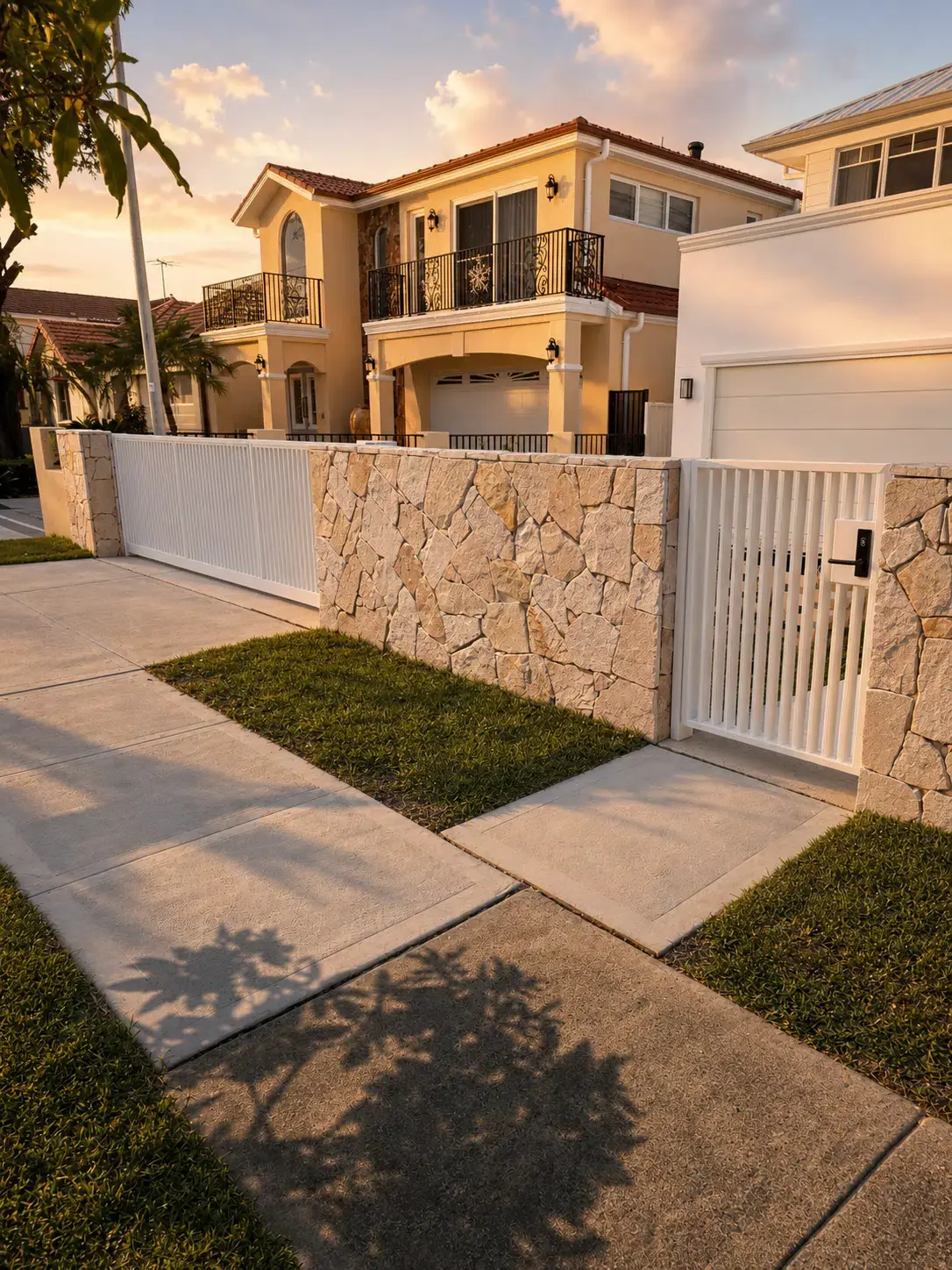 White automatic driveway gate beside a stone wall