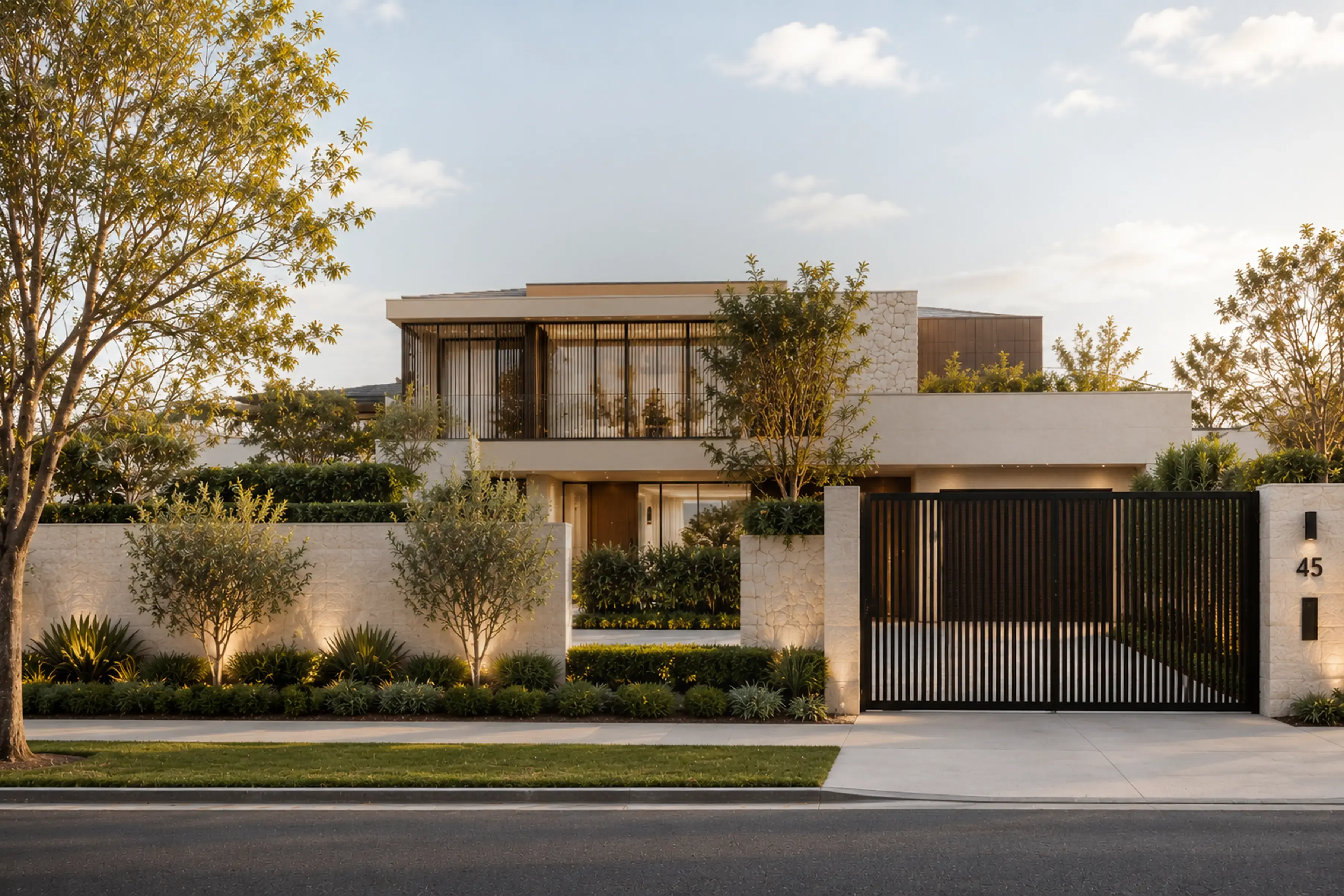 Contemporary Sydney home with a custom mesh driveway gate