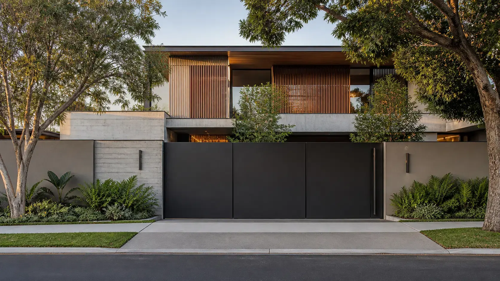 Wide black automatic sliding gate integrated with a modern landscaped home